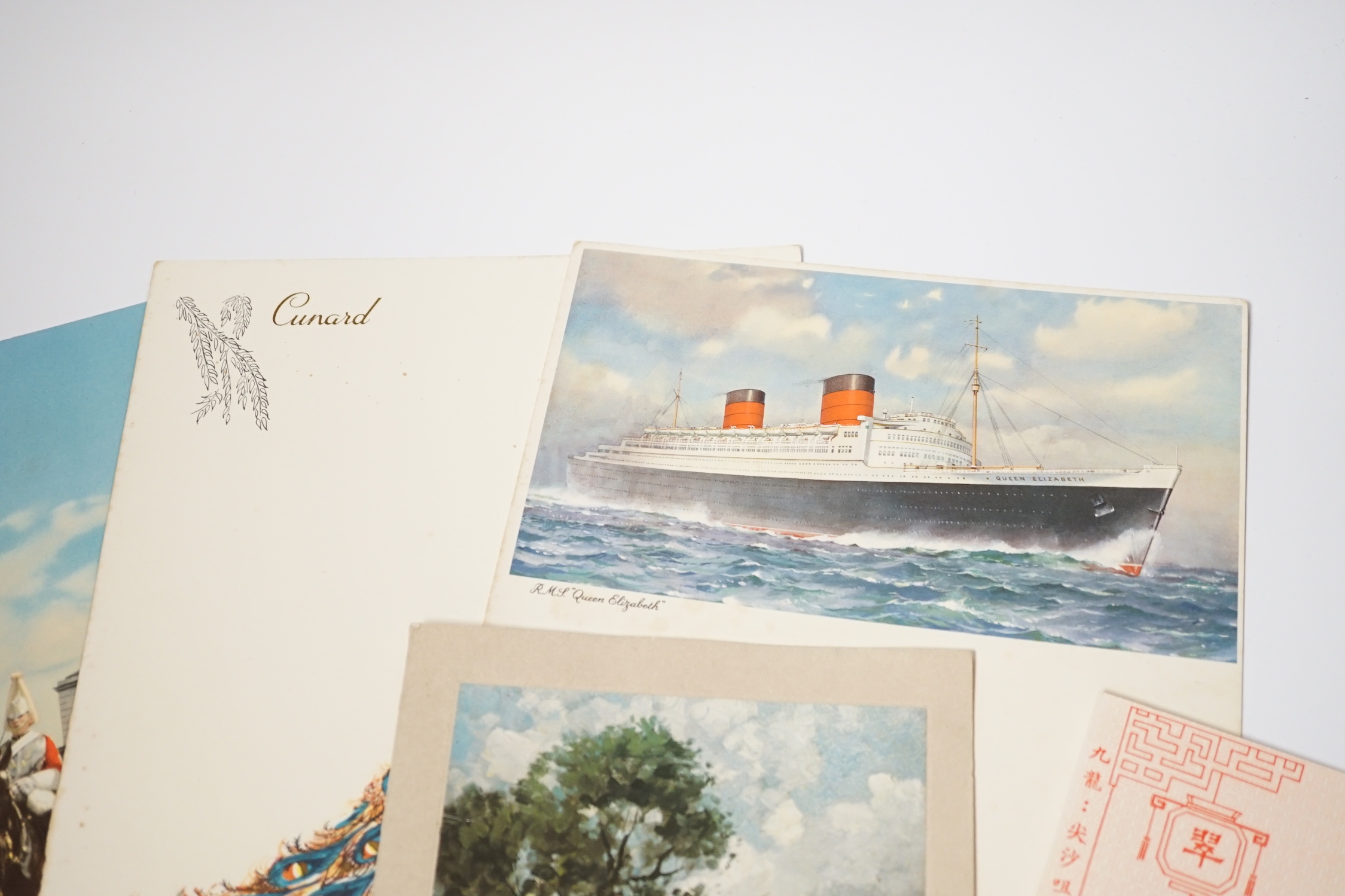 A signed Christmas card from Edward Heath during his time as Prime Minister sent from 10 Downing Street, a signed Christmas card from Mary and Howard Wilson (Grange farm, 1973), three Cunard RMS Queen Elizabeth dining me